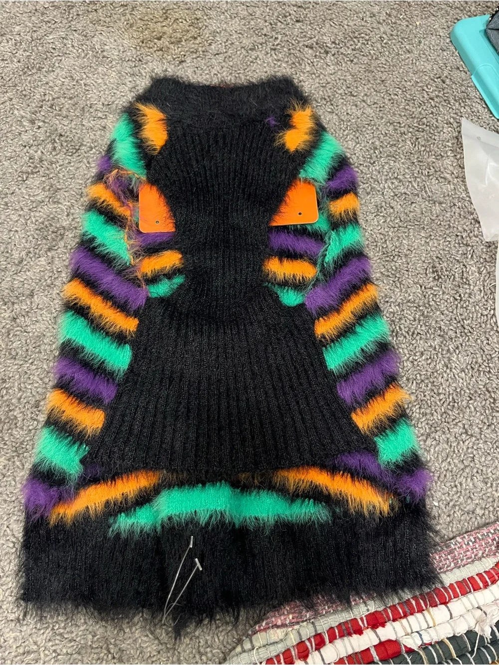 Black Fuzzy Striped Sweater Dress with Teal, Purple & Orange Accents